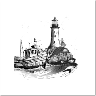 lighthouse with an old boat in vintage style Posters and Art